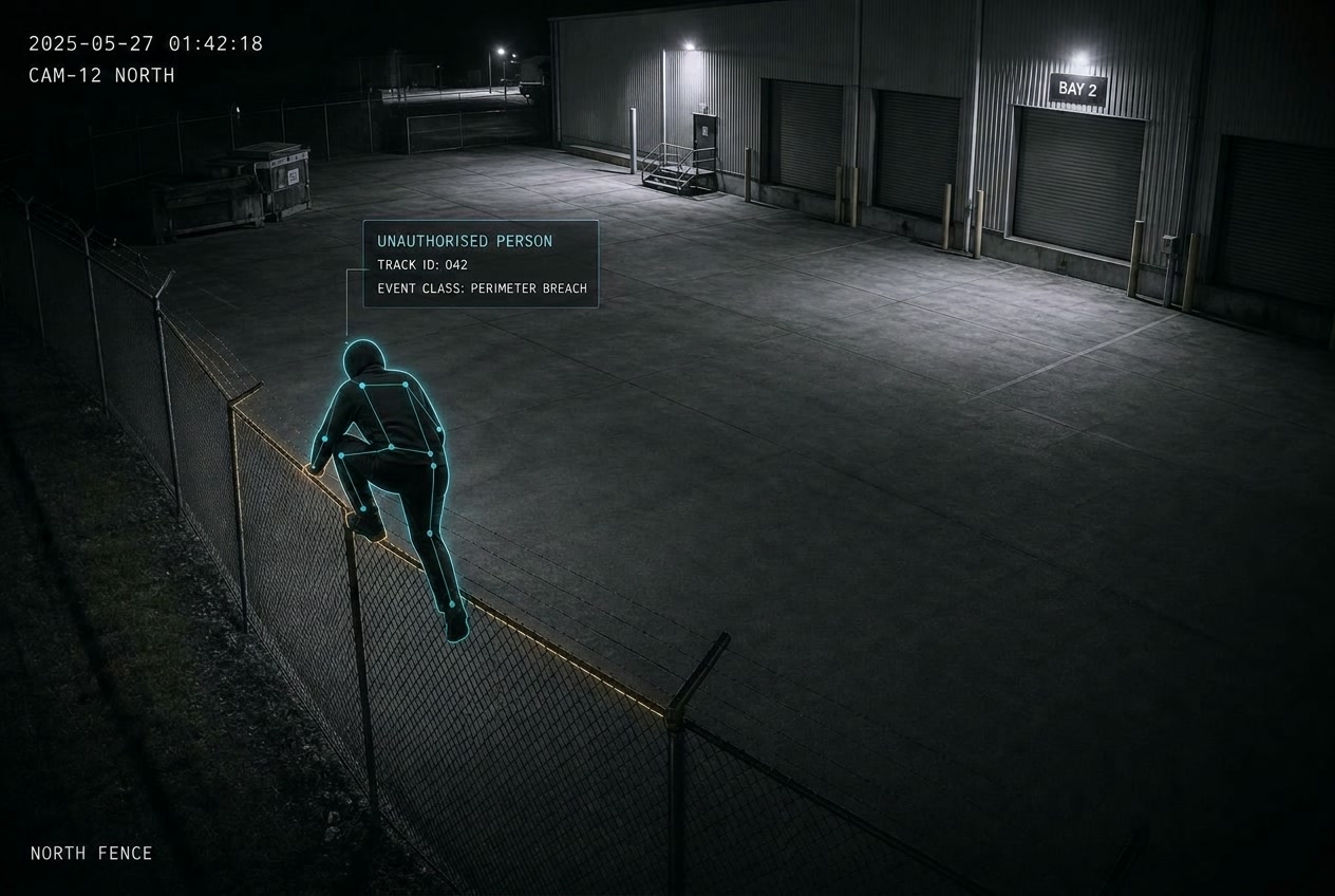 CCTV footage showing AI-detected perimeter breach at north fence